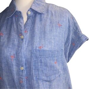 Old Navy Women Sm Linen Tie Top Flamingo‎ Button Blue Blouse Coastal Nautical